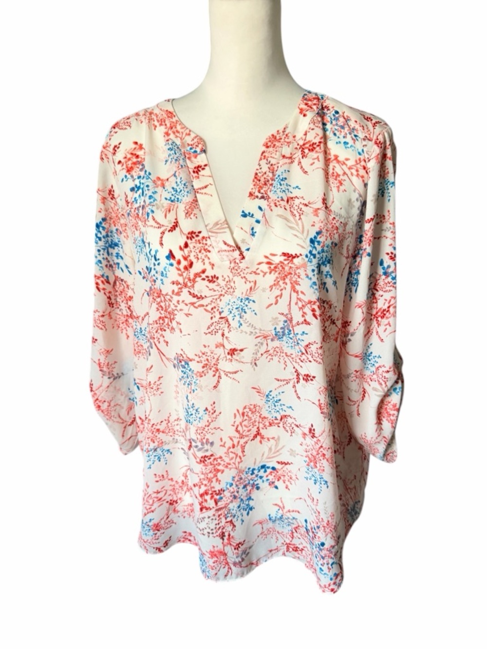 Chaus White Blouse with Coral Red Blue Botanical Print Size Large